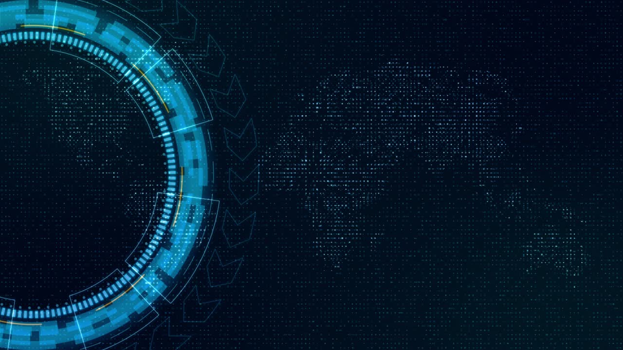 motion graphic di rotazione del cerchio blu con head up display ( hud ui ) interfaccia tecnologica e elementi futuristici su mappe della terra sfondo