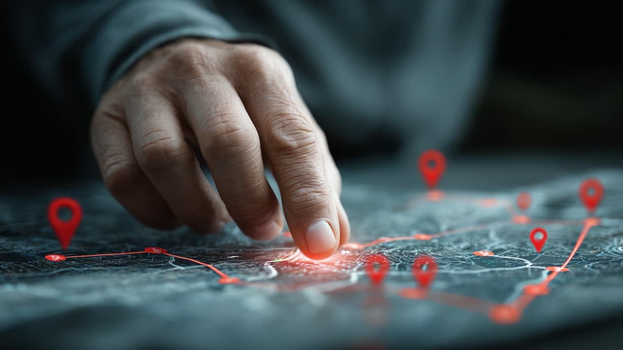 A Close-Up of a Hand Interacting with a Digital Map Display, Highlighting Various Locations with Red Markers and Routes Connecting Them