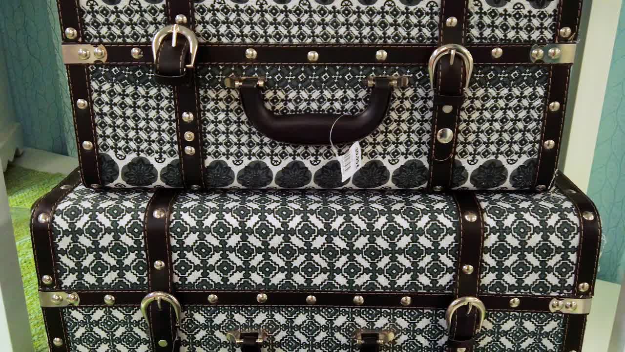 두 개의 흑백 빈티지 체크 여행 가방이 서로 쌓여 있습니다.