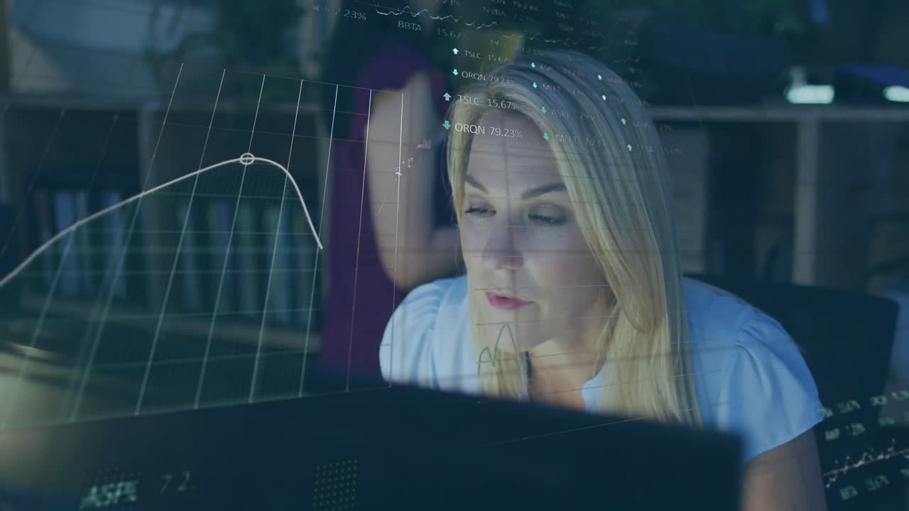 Animation of financial data processing over caucasian businesswoman