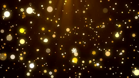 copos de nieve de navidad de oro, estrellas y luces de fondo en bucle