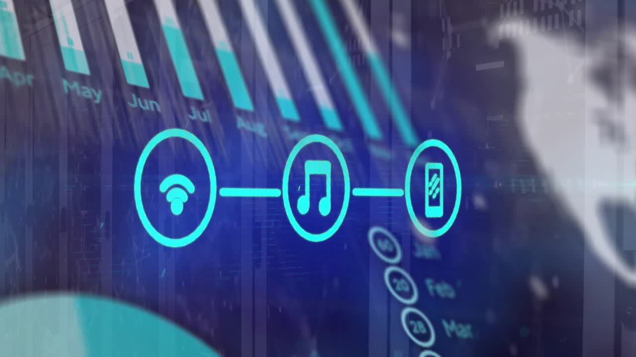 Animazione di icone multimediali su elaborazione dati e sala server.