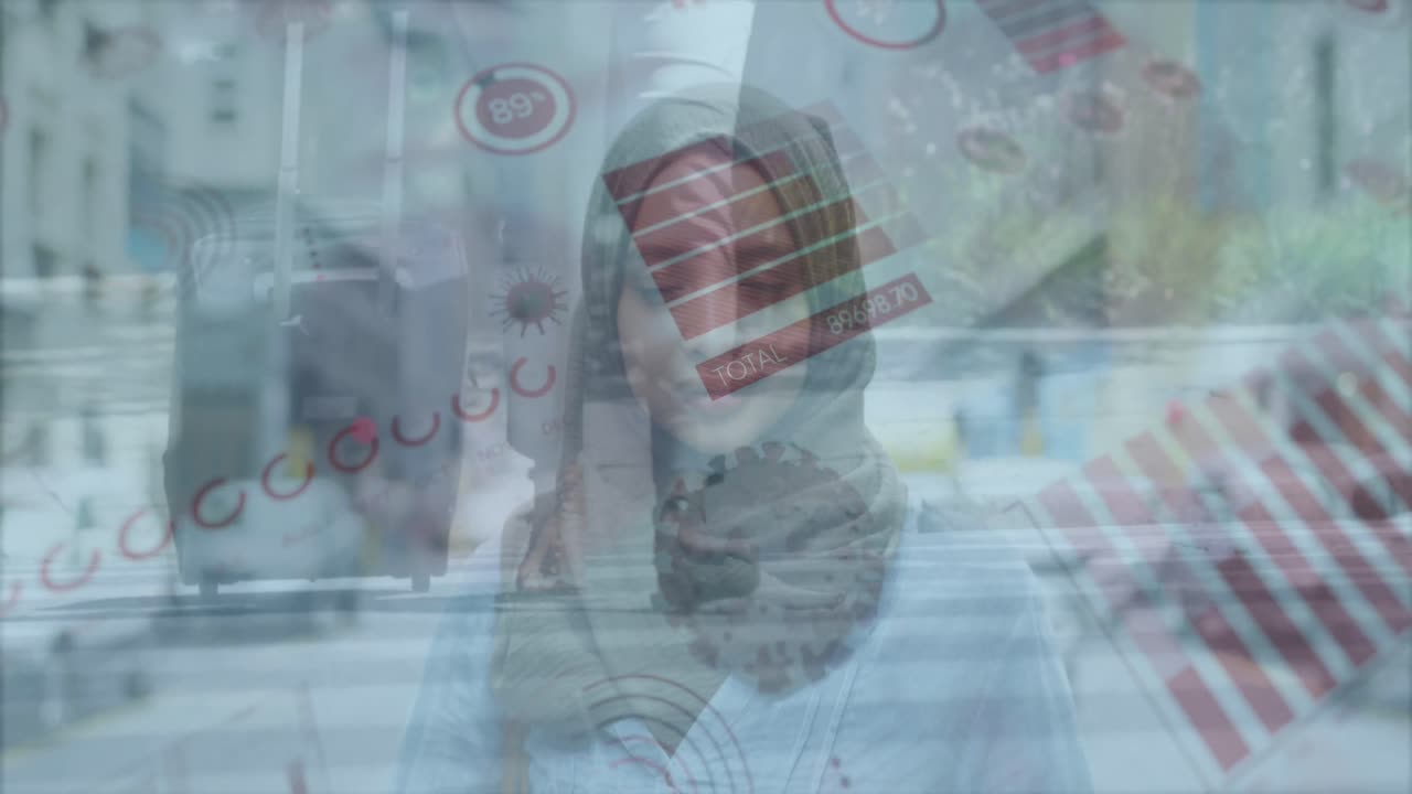 procesamiento de datos de covid-19 contra mujer en hijab contra sección baja de mujer de negocios con maleta