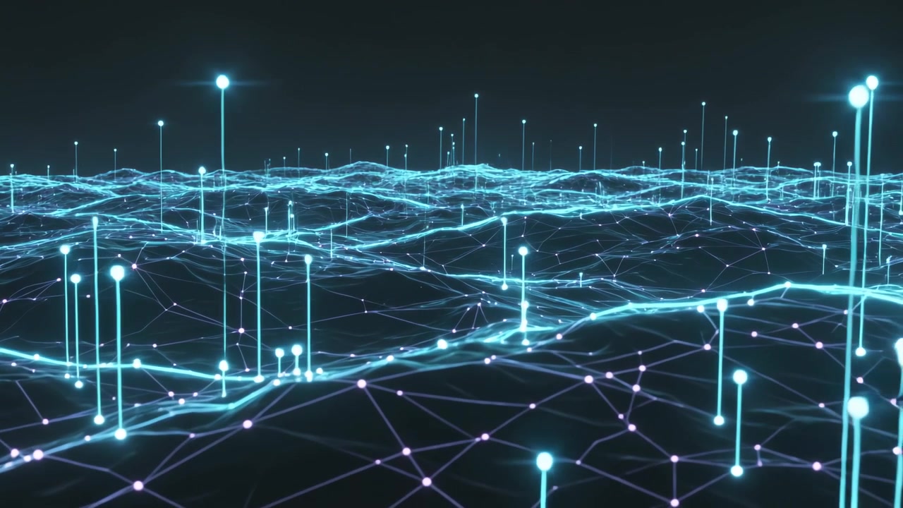 Pulsing teal wireframe mesh sending rising light columns across virtual plane, showing data flow