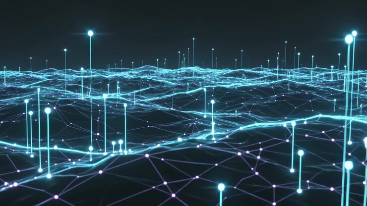 Pulsing teal wireframe mesh sending rising light columns across virtual plane, showing data flow