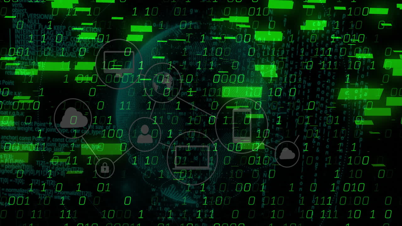 Overlaying globe, animation of digital data and binary code with technology icons