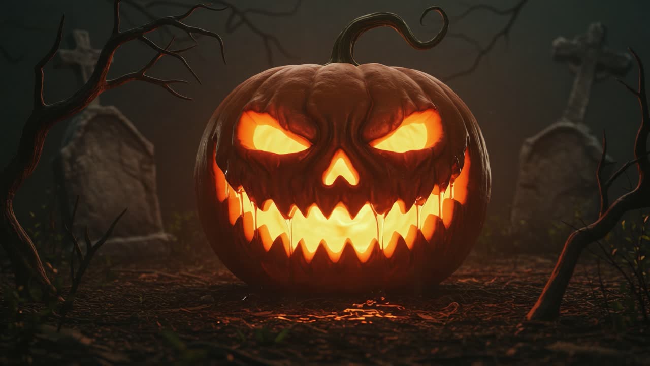 A Sinister Halloween Pumpkin Illuminates a Graveyard, Emanating an Ominous Glow with its Menacing Grin, Perfect for Spooky Celebrations and Frightful Decorations