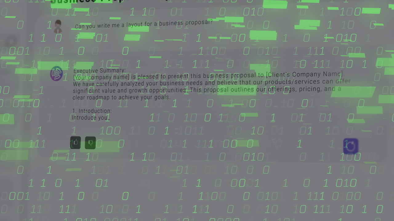 Animation of binary coding and ai chat on black background