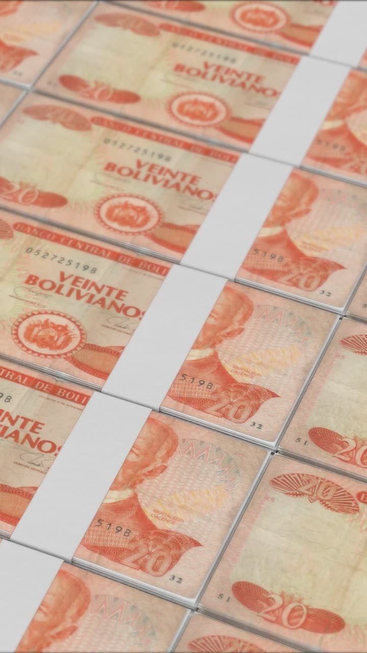 보리비아 공장에서 인쇄된 20개의 보리비아노 지폐의 수직 영상입니다.