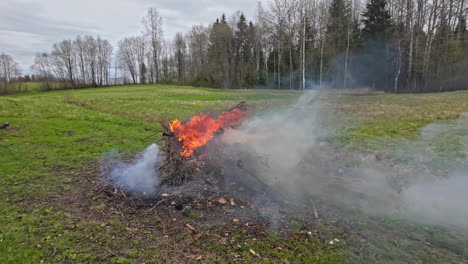 Lagerfeuer-Auf-Einer-Grünen-Wiese-In-Zeitlupe-Mit-Dichtem-Rauch,-Der-Aufsteigt