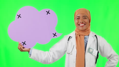 Muslim-woman,-doctor-and-point-to-speech-bubble