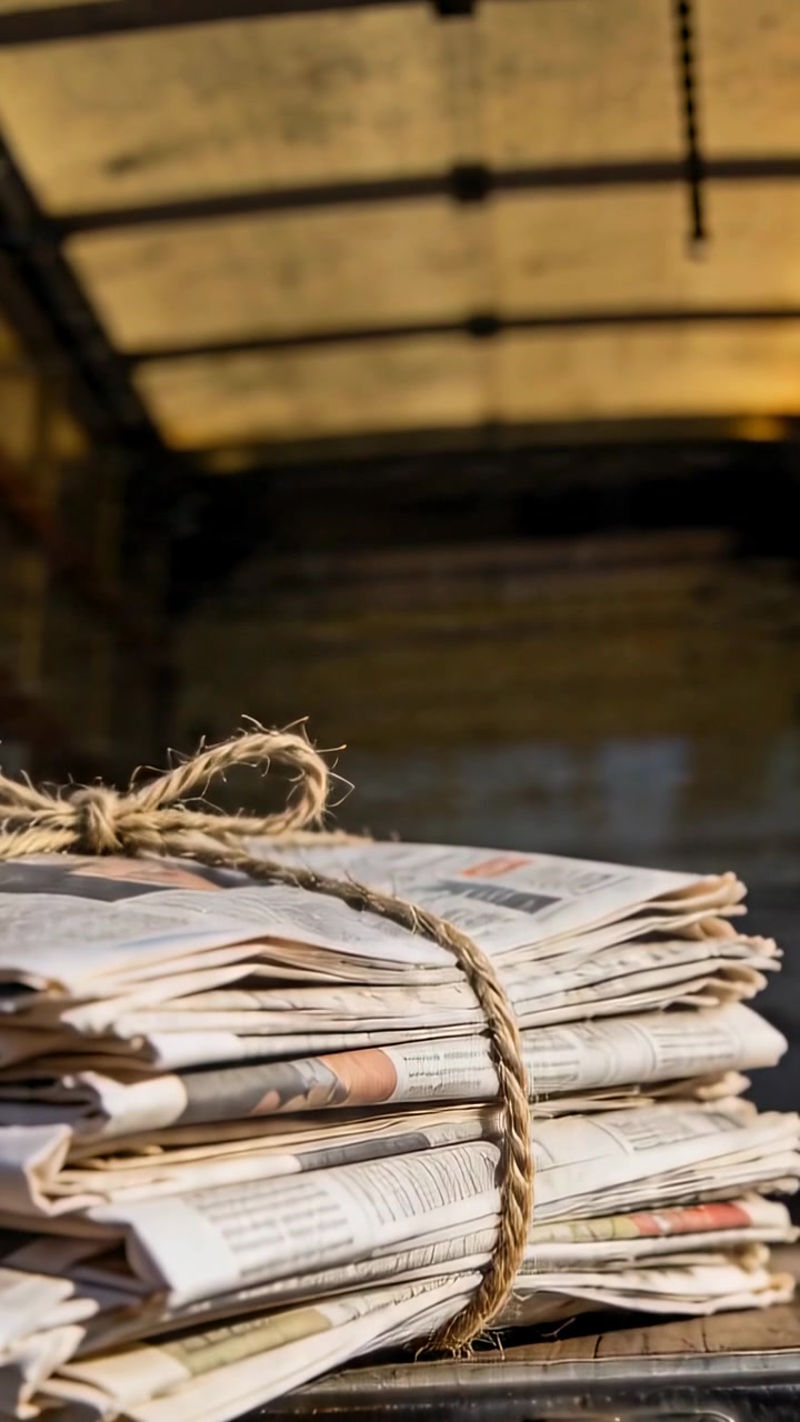 Vertical video: Pulling back camera tilting revealing newspaper stack tied with twine under panels