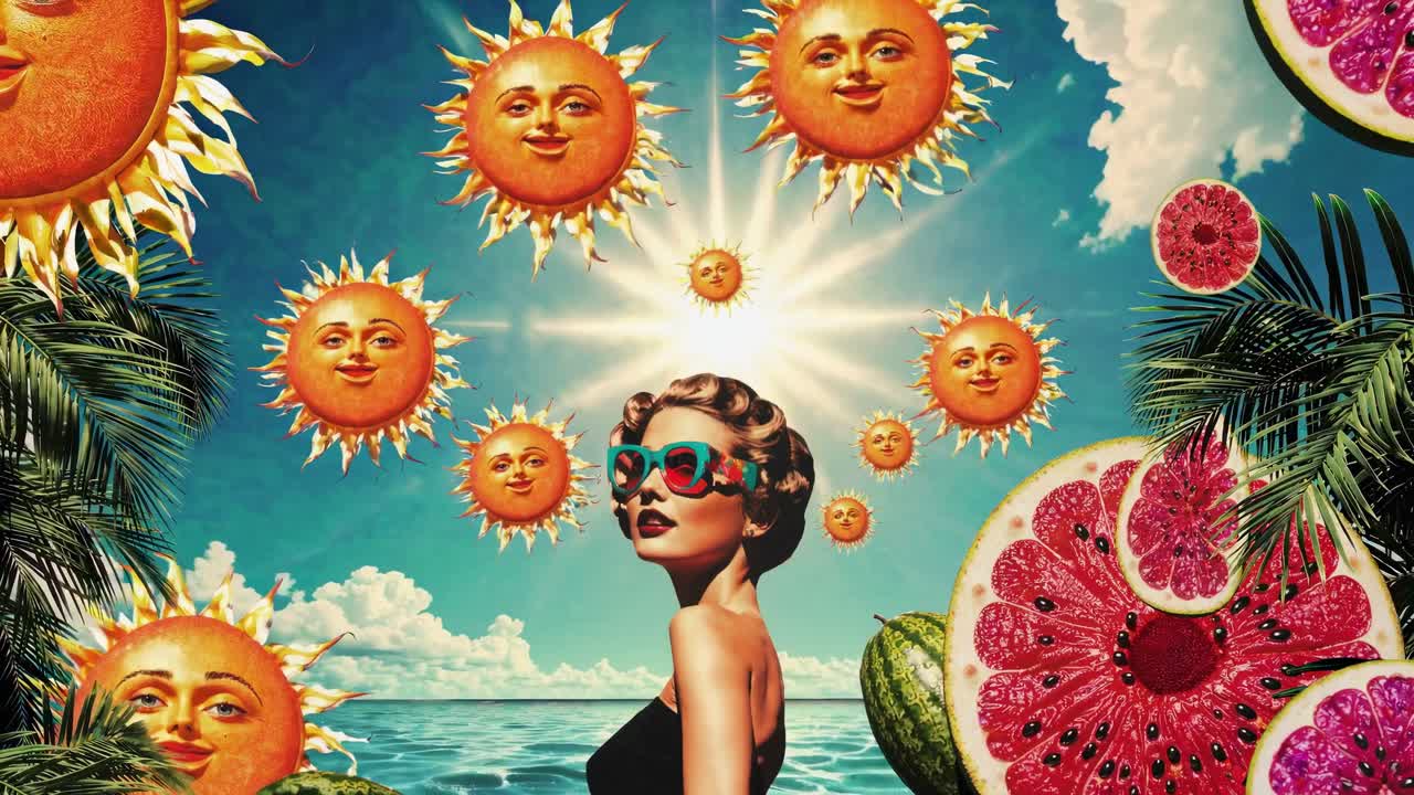 Surrealistisk videoscene med et lavt perspektiv af en kvinde med solbriller omgivet af smilende sole