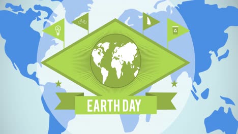 Animation-of-earth-day-text-and-globe-logo-over-blue-world-map