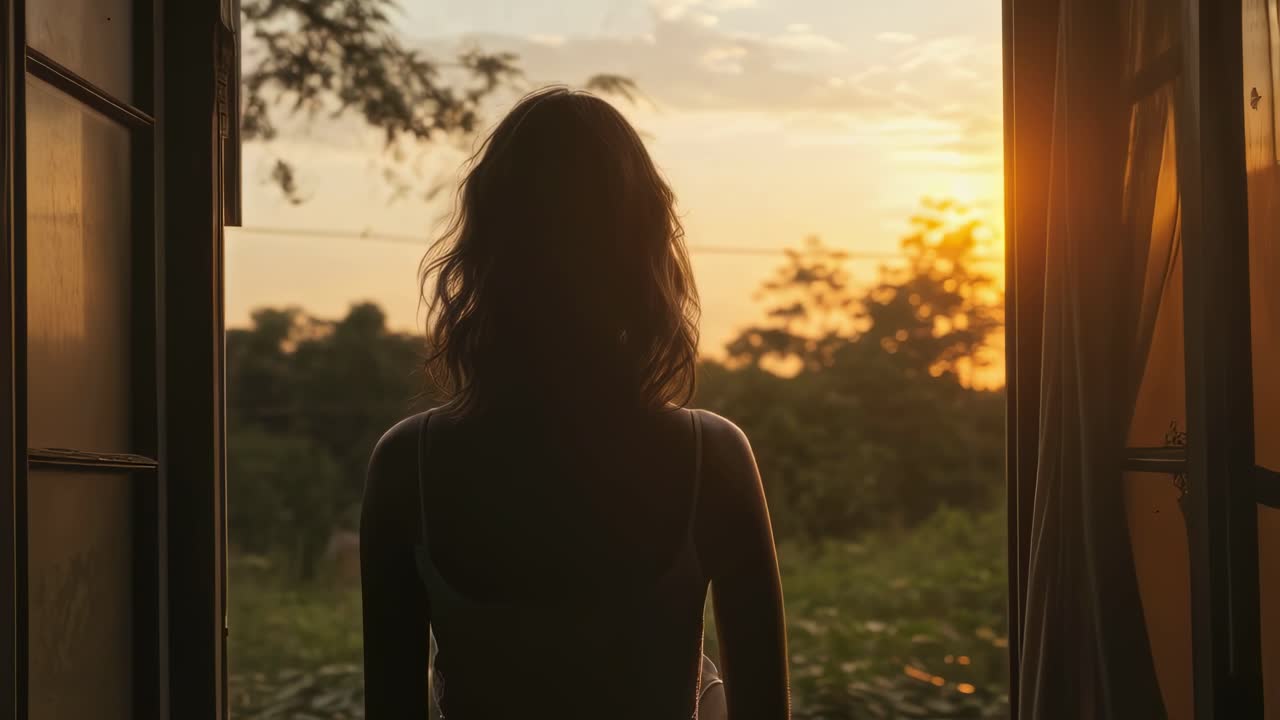 Woman Watching Sunset Through Open Window