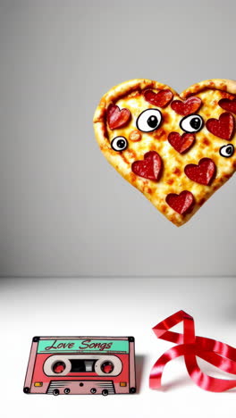 heart-shaped pizza with googly eyes and a 'love songs' cassette tape