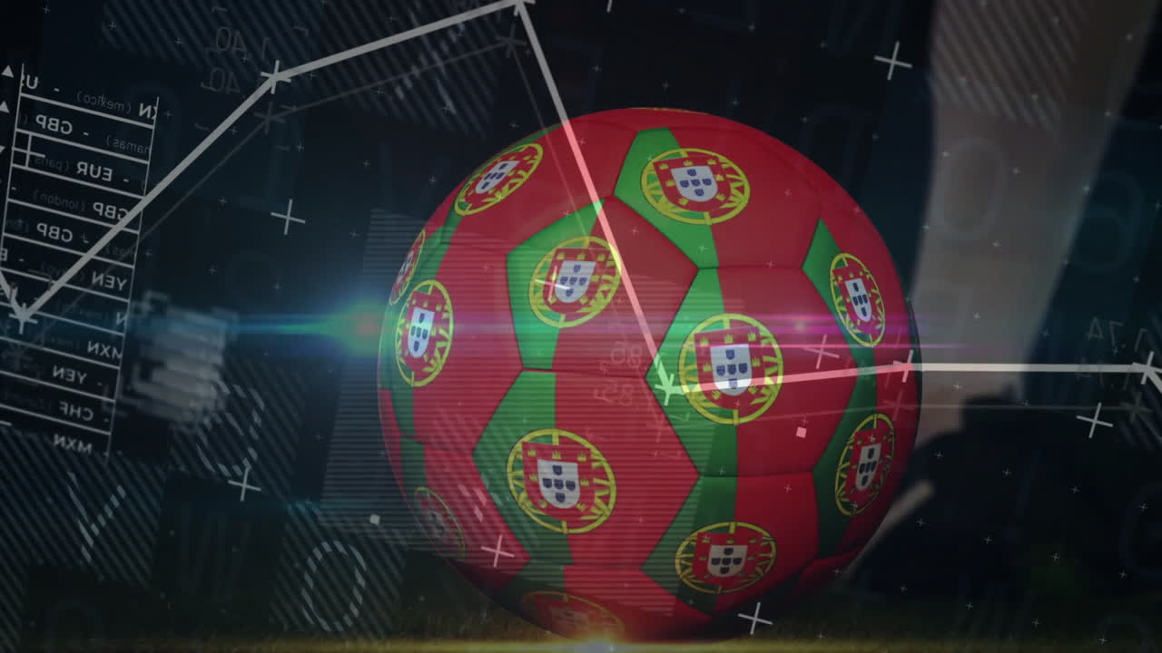 Red and green soccer ball with Portugal emblems over data and graphs animation