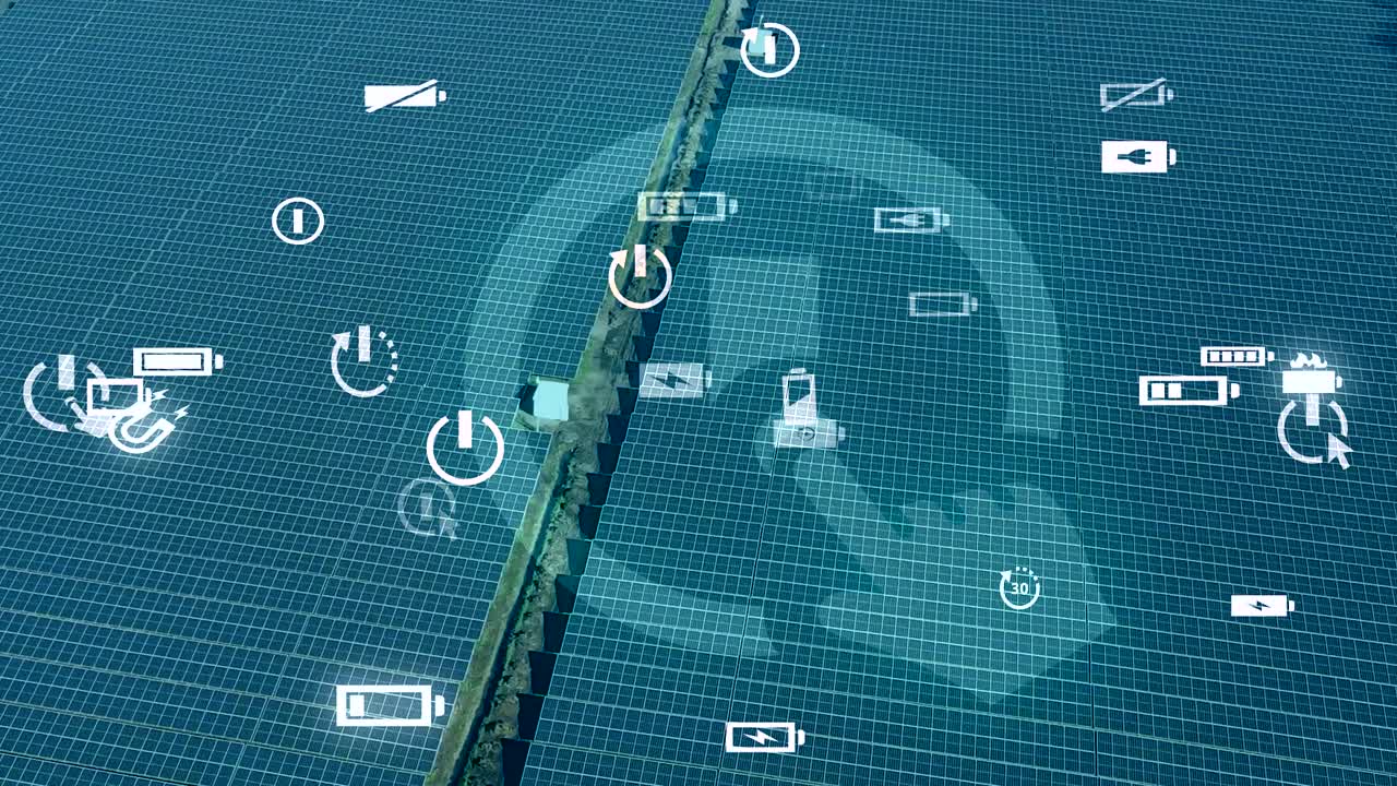 미래형 애니메이션 그래픽이 있는 대형 태양열 패널 필드의 높은 각도 공중 개요