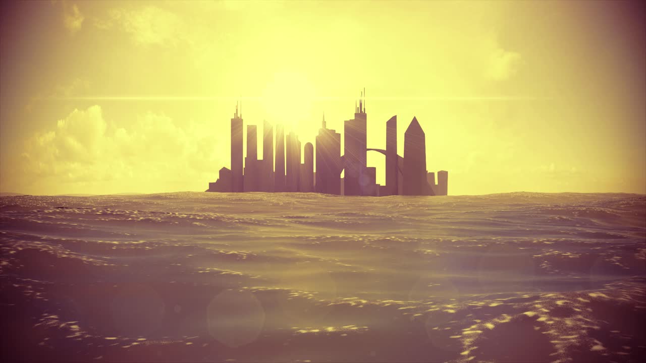 Cityscape skyline ocean rising sea level silhouette skyscraper future island 4k