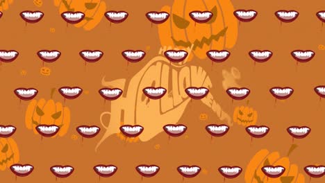 Animation-of-halloween-greetings-text-over-teeth-and-pumpkin-pattern-on-orange-background