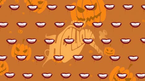 animation of halloween greetings text over teeth and pumpkin pattern on orange background