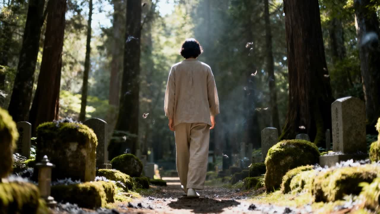 苔むした道に足を踏み入れ、深い悲しみを抱きながら歩く女性。彼女の周りには、映画のようなアニメーションの花びらが舞っている。