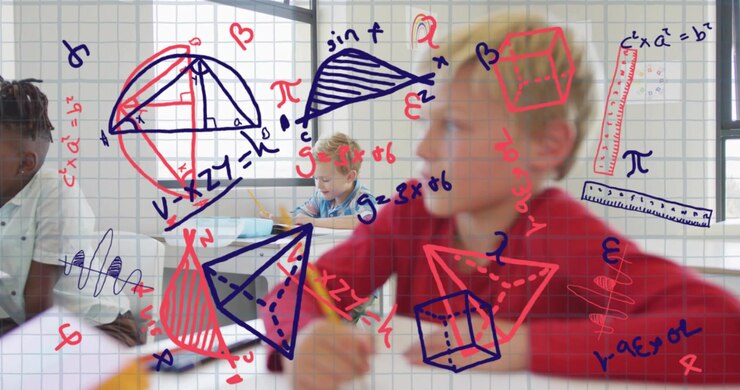 Ragazzo con la maglietta rossa che scrive matematica in classe con la matita sulla carta, mentre una sovrapposizione trasparente oscura la scena.