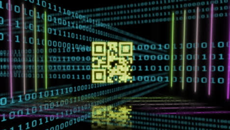 Animation of yellow qr code and neon lights over binary data processing on black background
