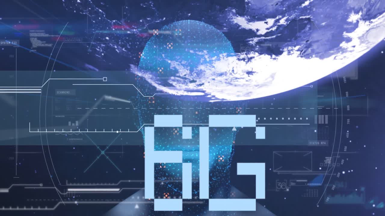 6g 텍스트의 애니메이션과 인간의 머리 모델과 파란색 배경에 대한 지구의 시계