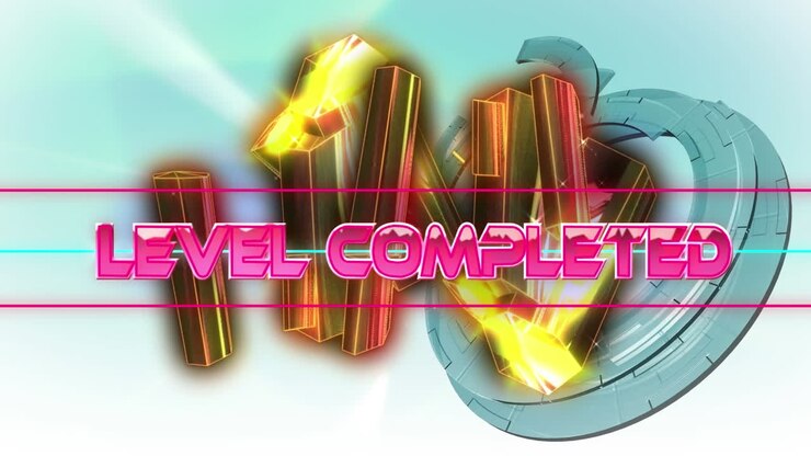 Animation of level completed in digital abstract space with blocks