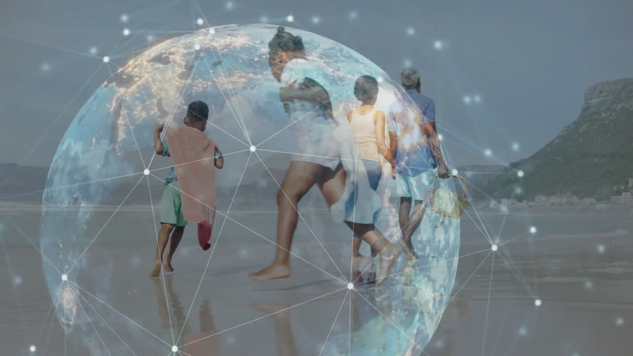 Family walking and running on sandy beach, showcasing technology with holographic globe overlay