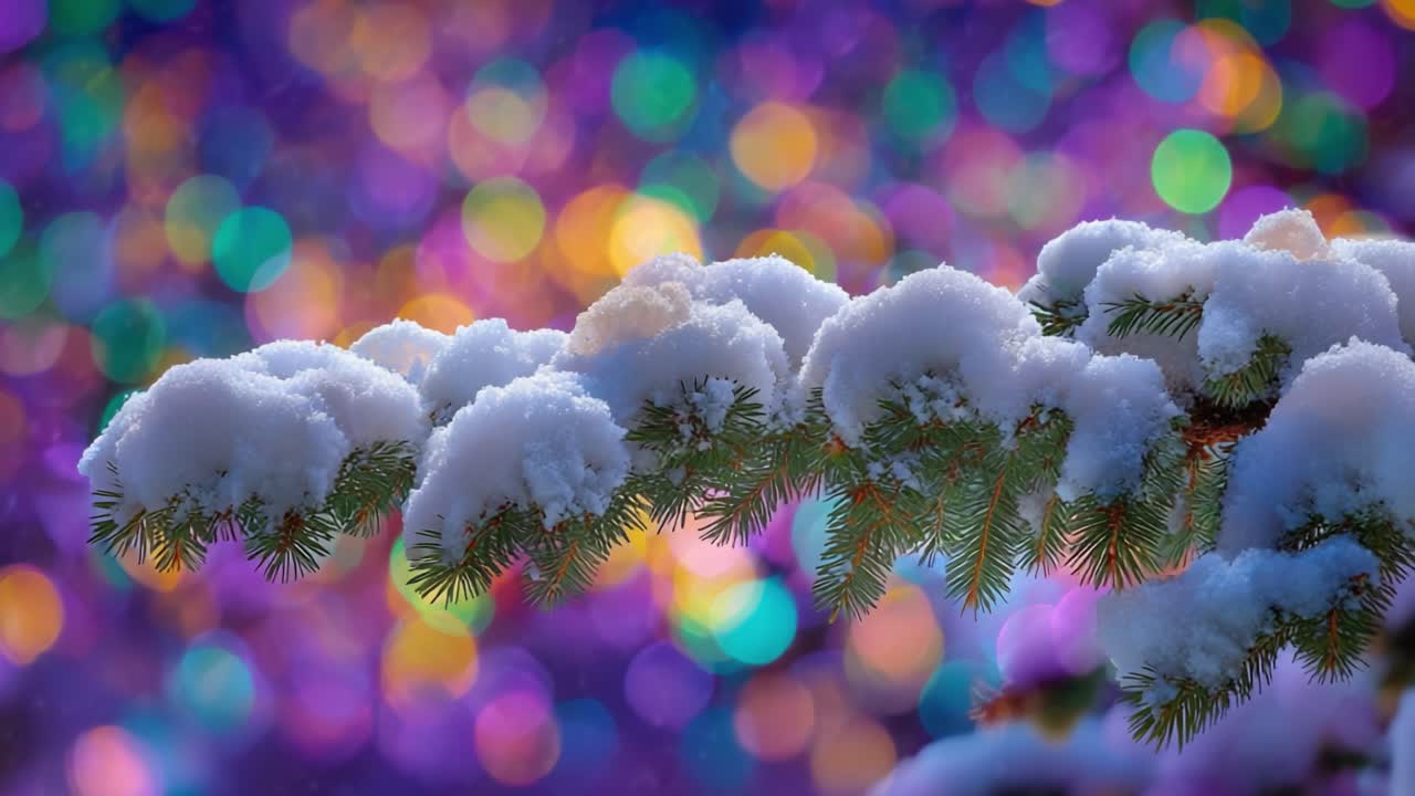 A Beautiful Snow-Covered Pine Branch Resplendent with Colorful Bokeh Lights in the Background, Capturing the Magic of Winter's Aesthetic Charm