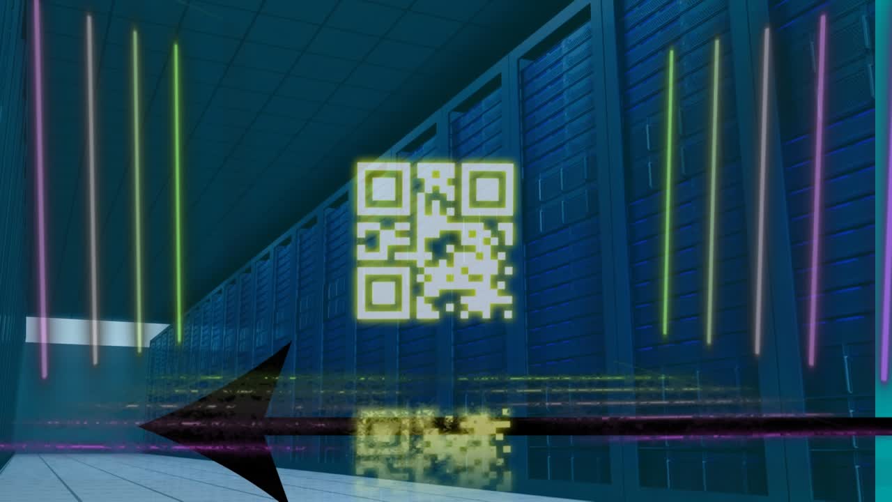 Animation of neon qr code scanner and arrow icon against computer server room