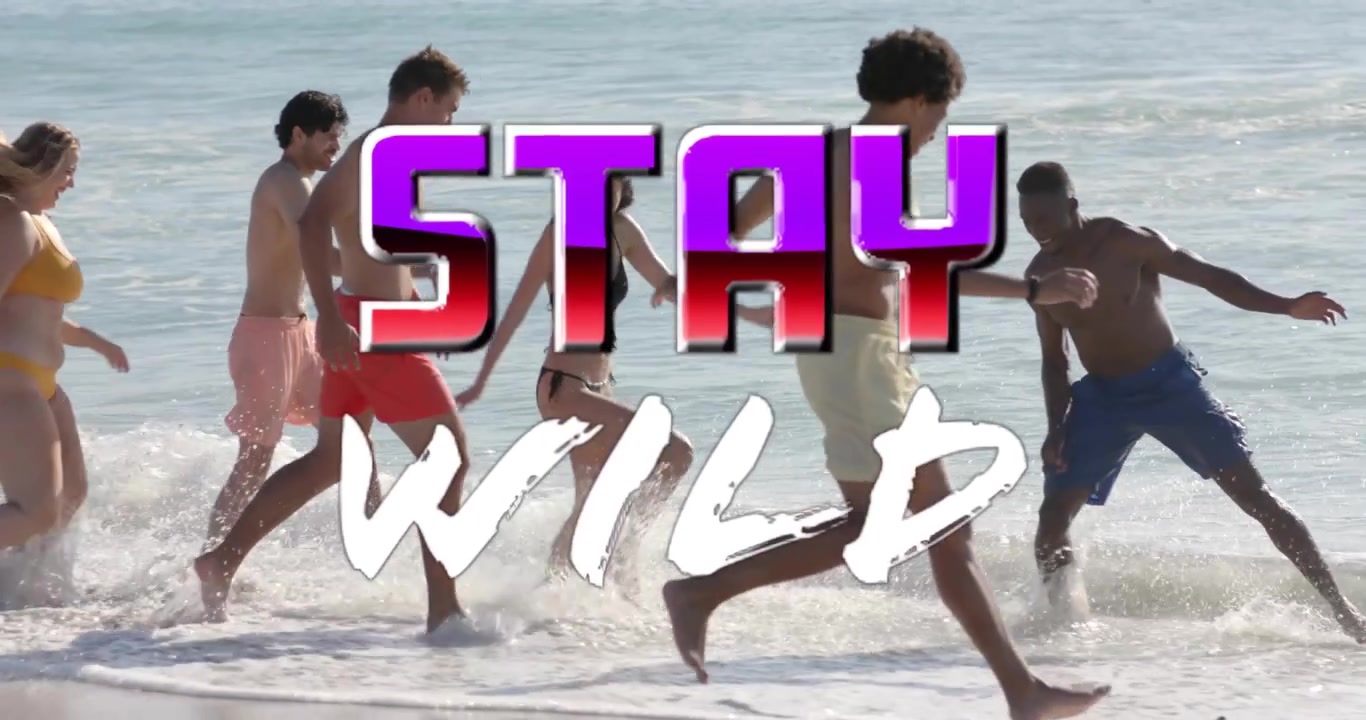 Sei adulti in costume da bagno che corrono, calciando e schizzando nella risacca bassa in spiaggia, con sovrapposizione "STAY WILD".