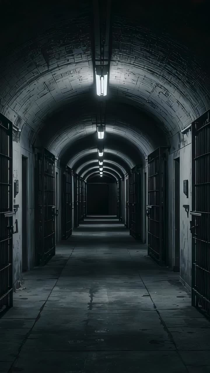 Vertical video: Starting camera filming corridor in jail, showing depth with lights and cell bars