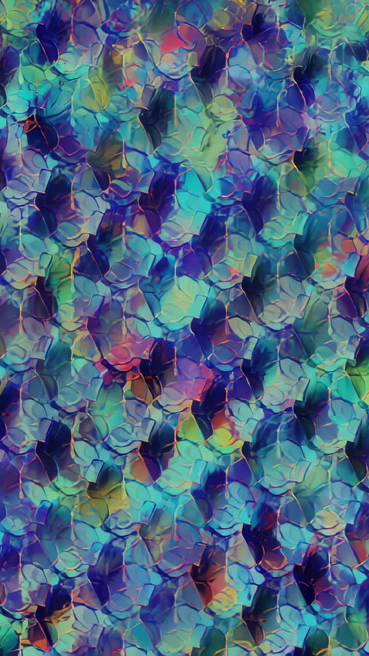 Video verticale: superficie a mosaico scintillante che pulsa in primo piano, mostrando lenti variazioni di colore