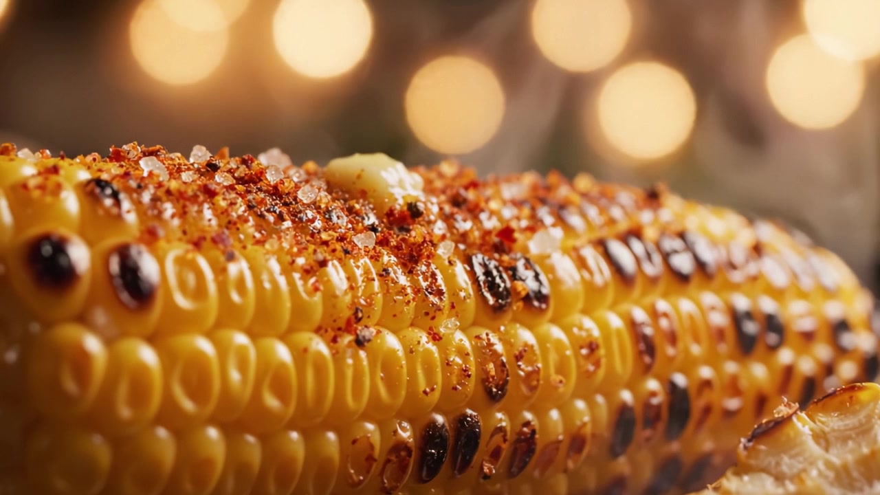 A Close-Up View of a Deliciously Grilled Corn Cob Topped with Seasoning, Showcasing an Irresistibly Juicy and Flavorful Culinary Delight with Festive Bokeh Background