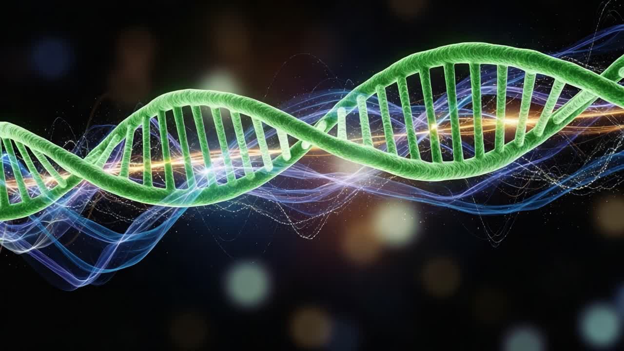 Exploring the Intricacies of DNA: A Visual Representation of Genetic Structures, Highlighting the Beautiful Twists and Turns of Genetic Material Against a Mystical Background