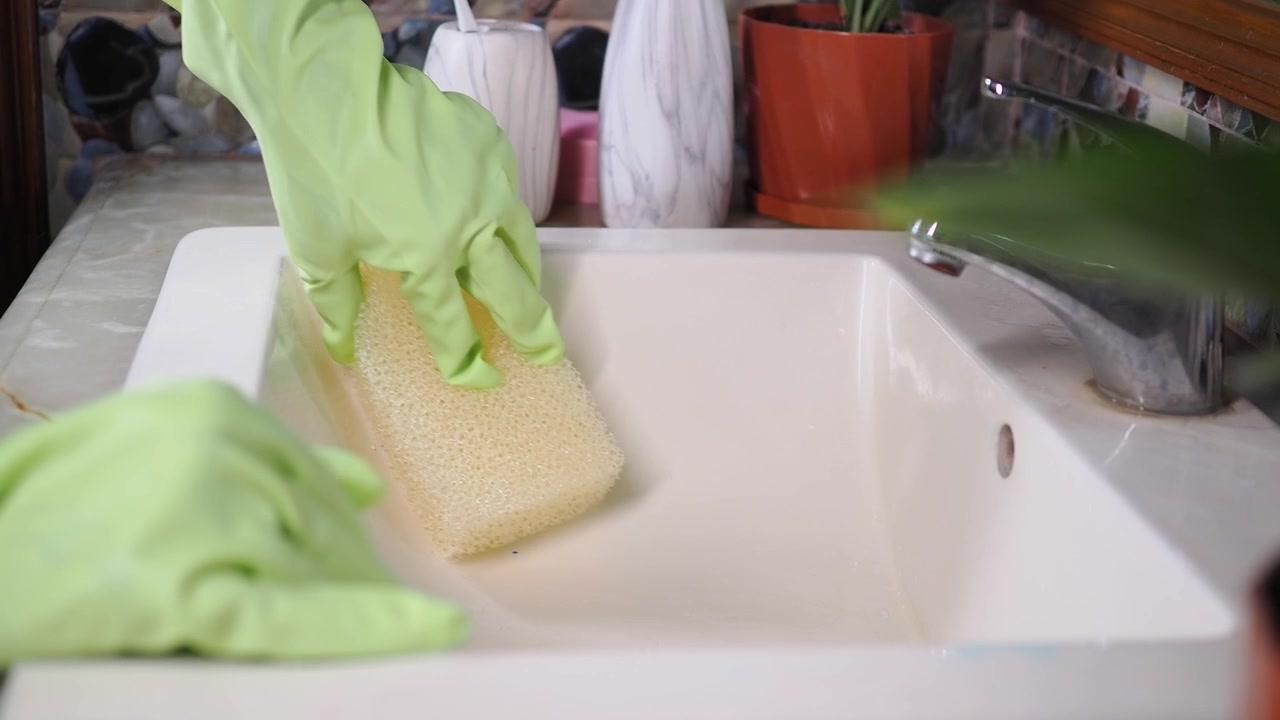 Person Wearing Green Rubber Gloves Cleaning Bathroom Sink with Sponge