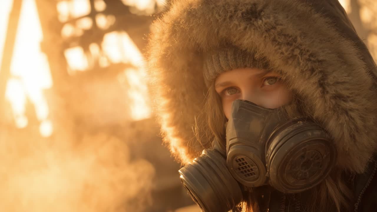 En ung pige står mod en øde baggrund, iført en gasmaske og en pelshætte, oplyst af gyldent lys, hvilket symboliserer modstandsdygtighed i en post-apokalyptisk verden.