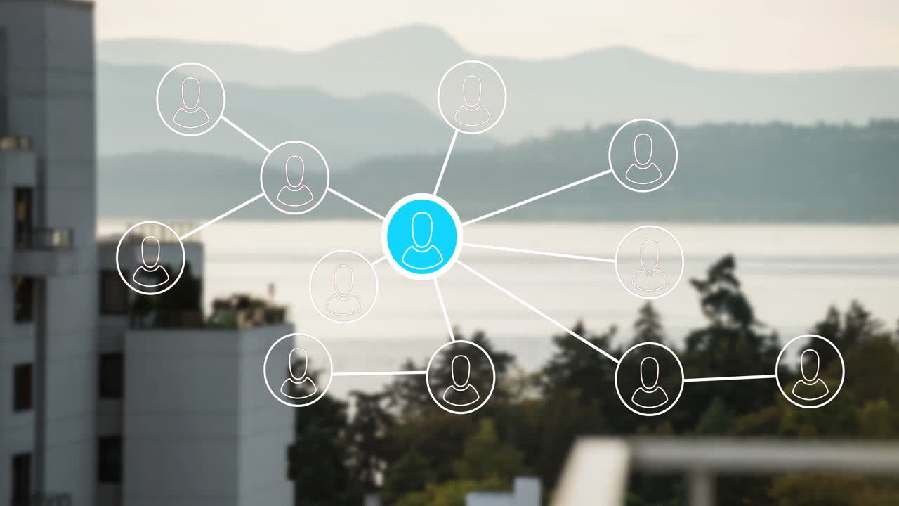 도시 풍경의 공중 전망에 대한 프로필 아이콘 네트워크의 애니메이션