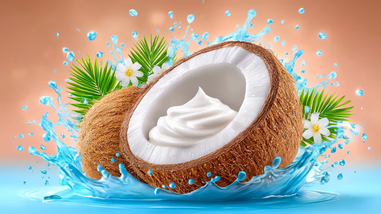 Coconut with cream and splash. Coconuts are split open to reveal cream, with water splashing around and green leaves in the background
