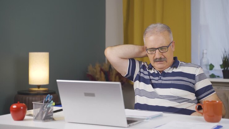 Älterer Homeoffice-Mitarbeiter fühlt sich körperlich gut