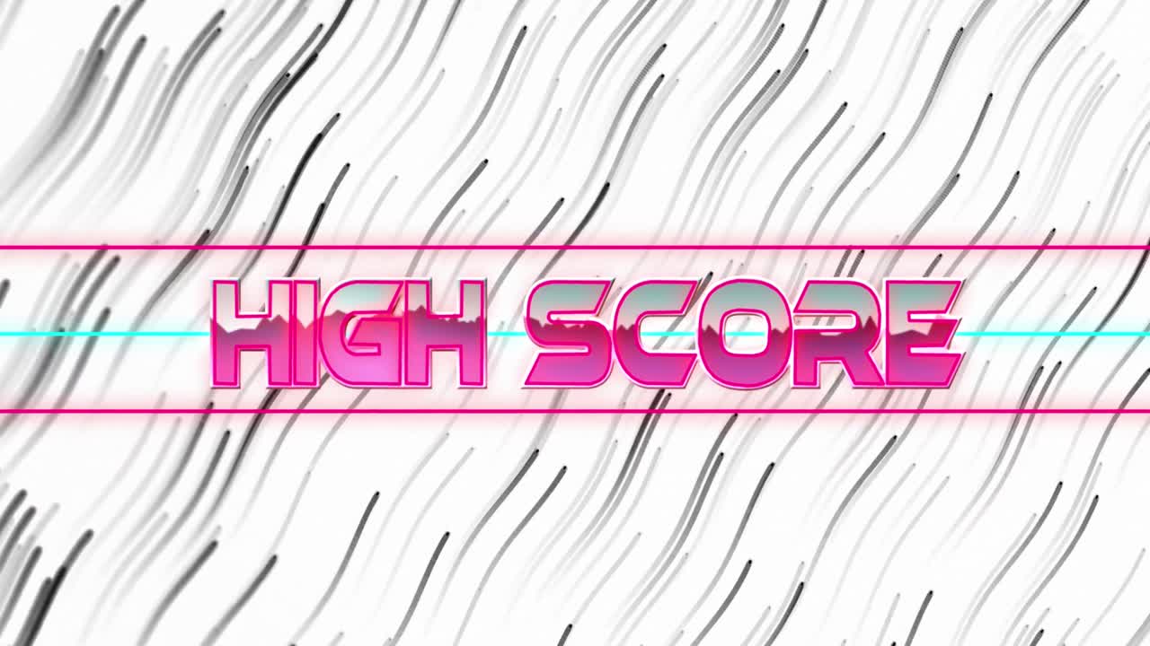 Animation of high score text banner against wavy lines in seamless pattern on white background