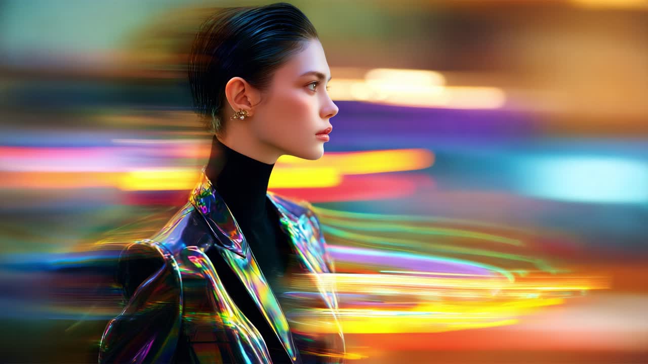 A Stunning Portrait of a Model in a Colorful Abstract Background, Capturing Her Grace and Style Amidst a Whirl of Vibrant Lights and Motion in a Modern Urban Environment