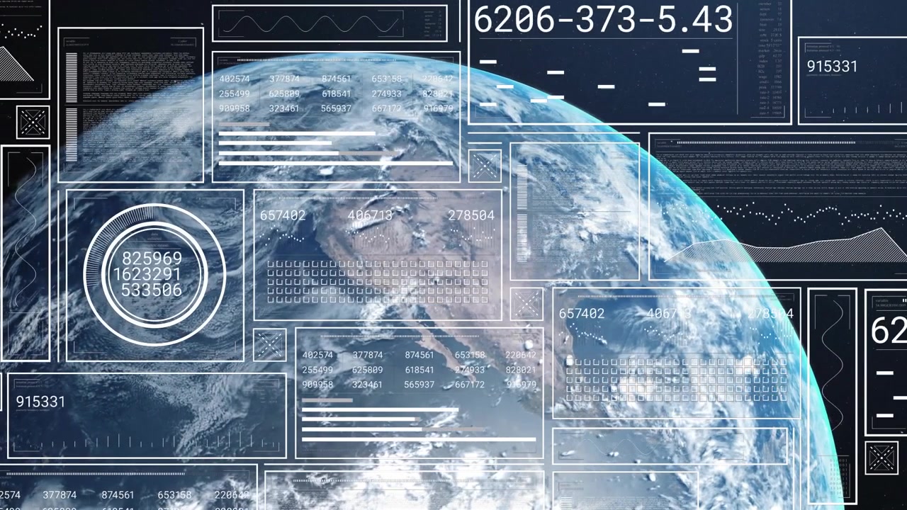 HUD activating, planet rotating while data panels updating and gauge pulsing, showing calm overlay