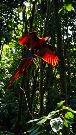 vibrant red macaw in flight through tropical forest