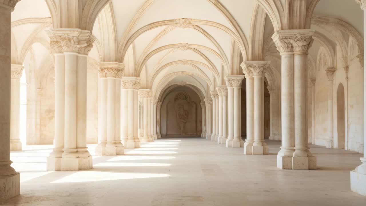 Elegant video concept of a sunlit, arched corridor with classical columns
