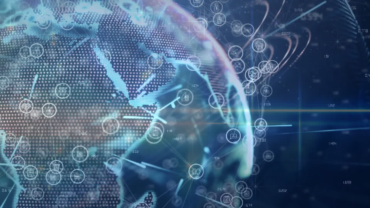 Animation of digital globe with network of data and technology symbols