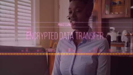 animación de procesamiento de datos sobre mujer de negocios afroamericana usando auriculares de teléfono
